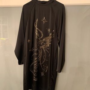 Long black embroidered silky dress (ZARA)